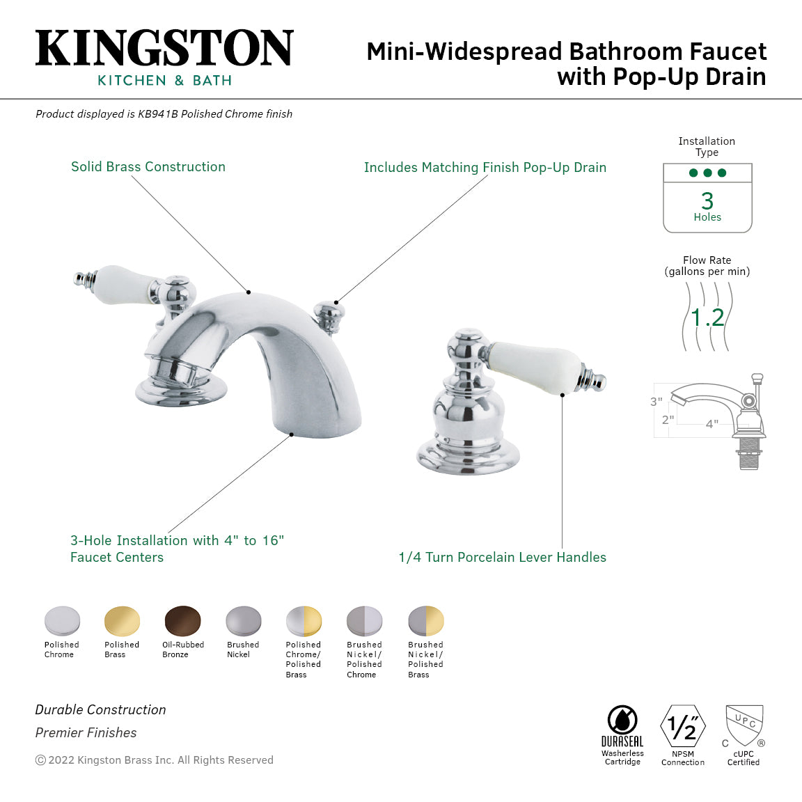 Kingston Heirloom KB944B - Victorian Two-Handle 3-Hole Deck Mount Mini-Widespread Bathroom Faucet with Pop-Up Drain, Polished Chrome/Polished Brass — thumbnail 3